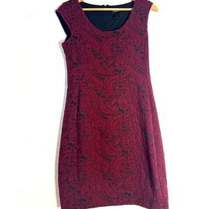 Ann Taylor Sleeveless Sheath Dress Burgundy Black Jacquard Textured Damask Small
